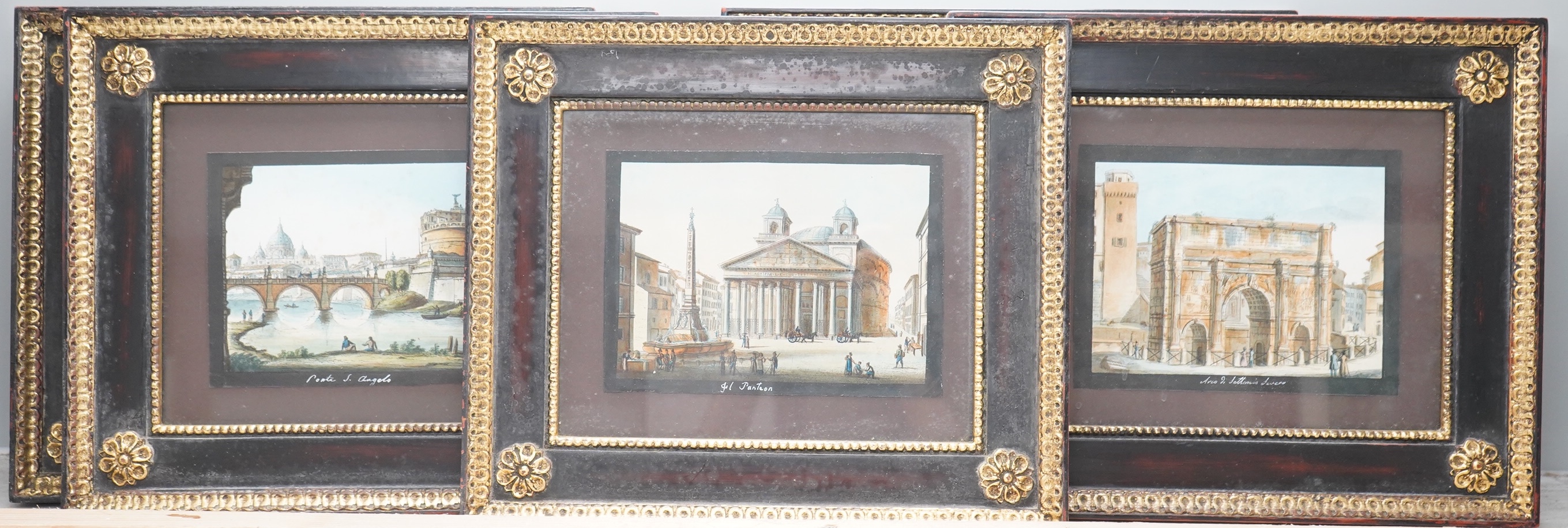 A set of five 18th / 19th century hand coloured engravings, Views of Rome, to include ‘Ponte S. Angelo’ and ‘Coloseo’, 15 x 18.5cm, each housed in ebonised gilt frames
